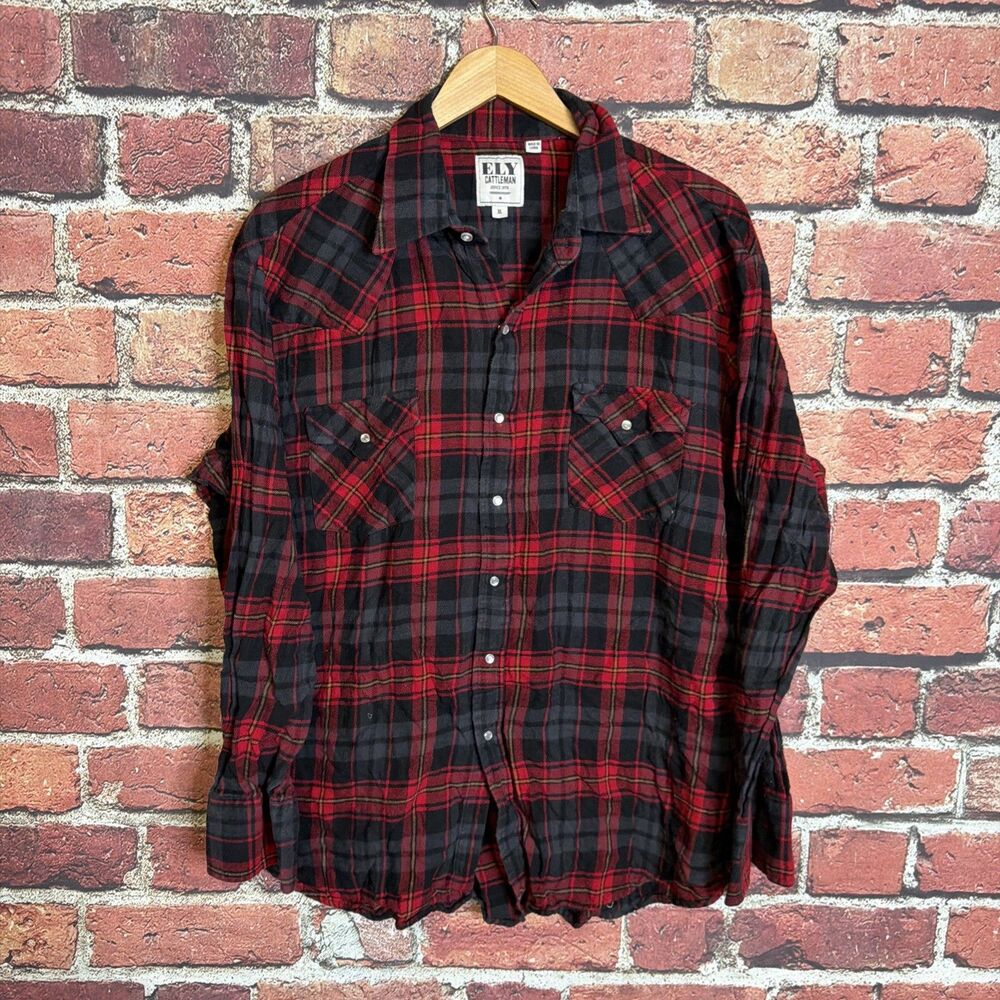 Ely Cattleman Pearl Snap Flannel Shirt Men’s XL Plaid Black Red